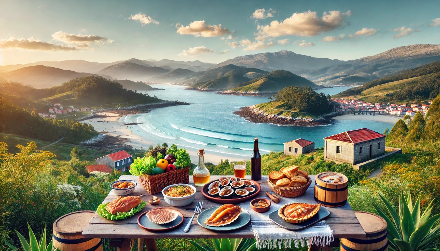 Paisaxe galego con comida tradicional